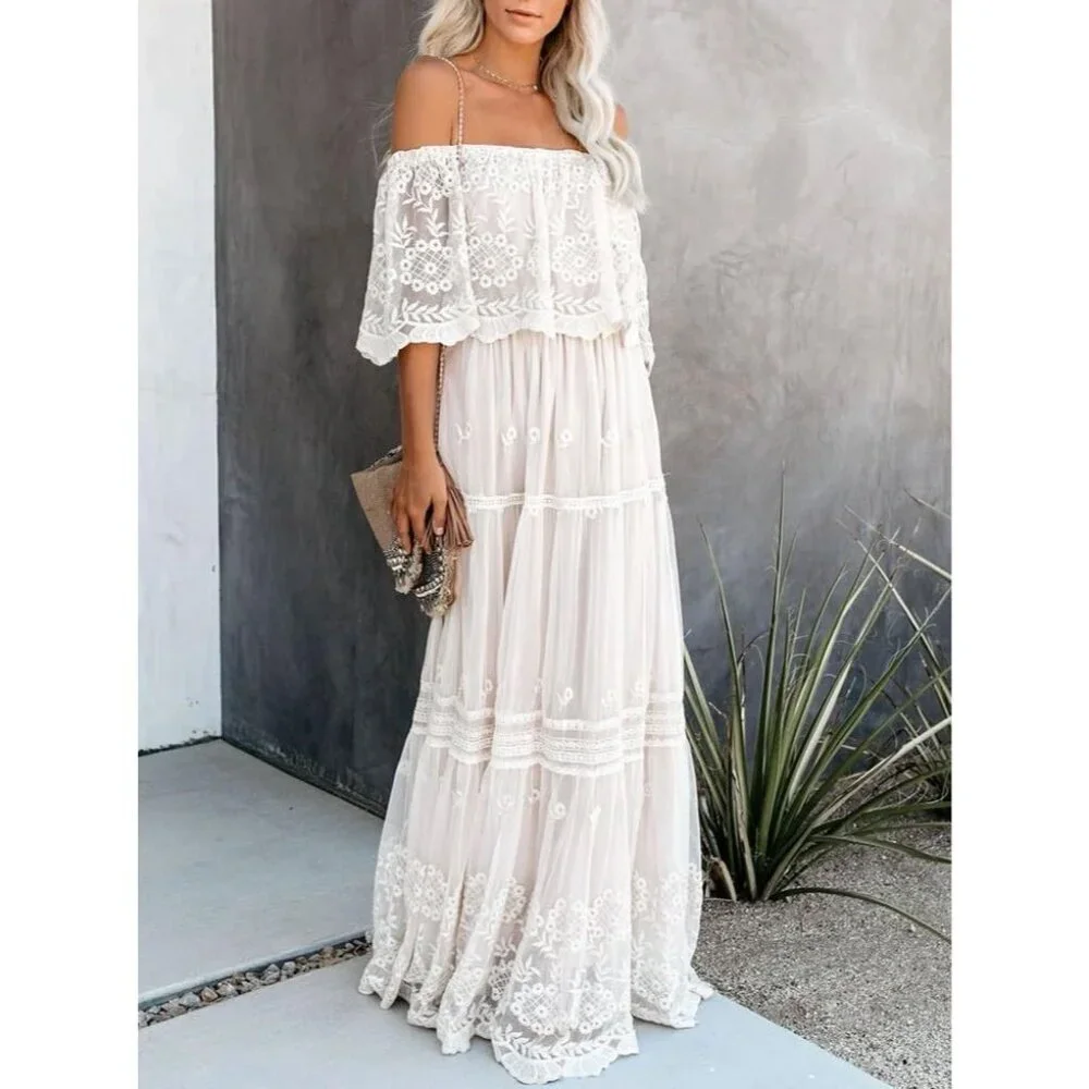 Women's B White Off The Shoulder Floral Lace Wedding Long Dress Maxi